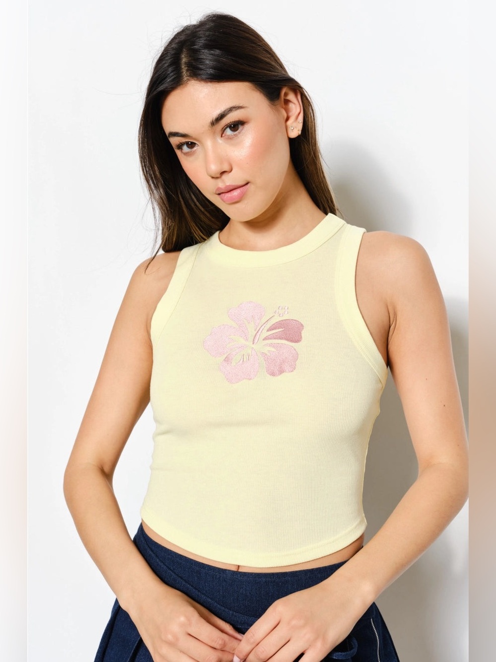 Embroidered Hibiscus Flower Ribbed Tank Top - Pretty Garbage